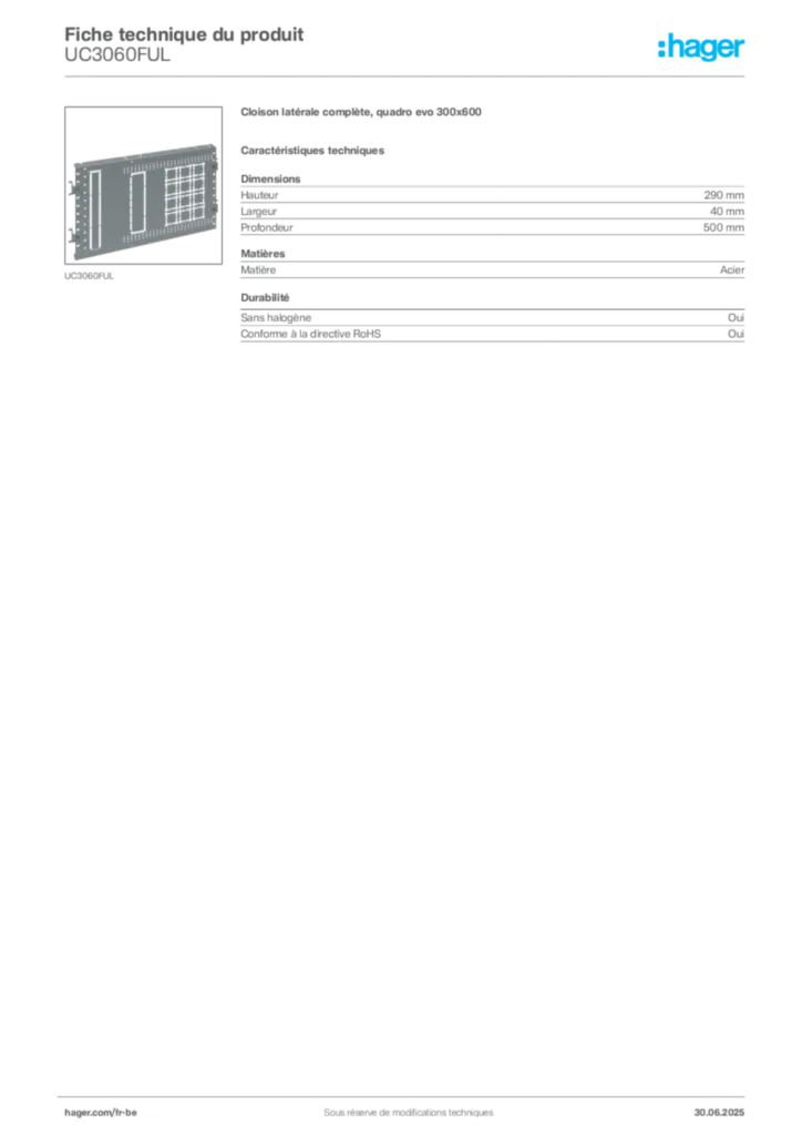 Image Hager Fiche technique du produit UC3060FUL | Hager Belgique