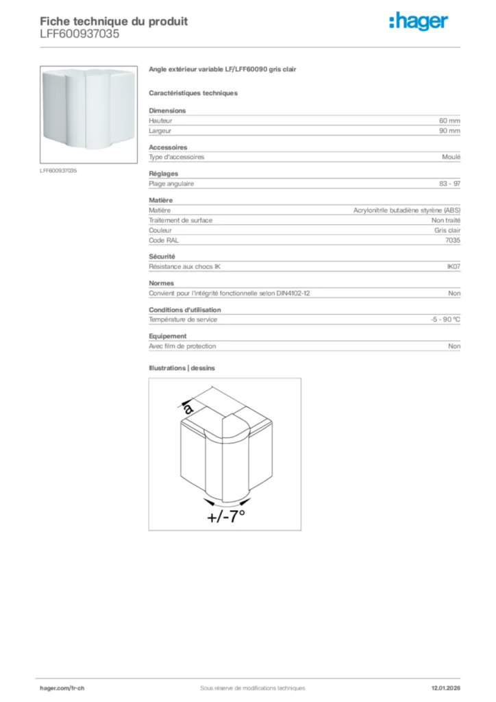 Image Hager Fiche technique du produit LFF600937035 | Hager Suisse