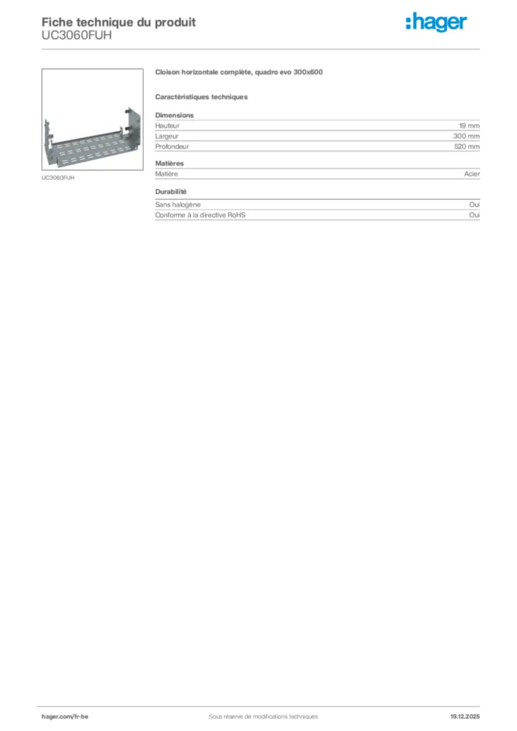 Image Hager Fiche technique du produit UC3060FUH | Hager Belgique