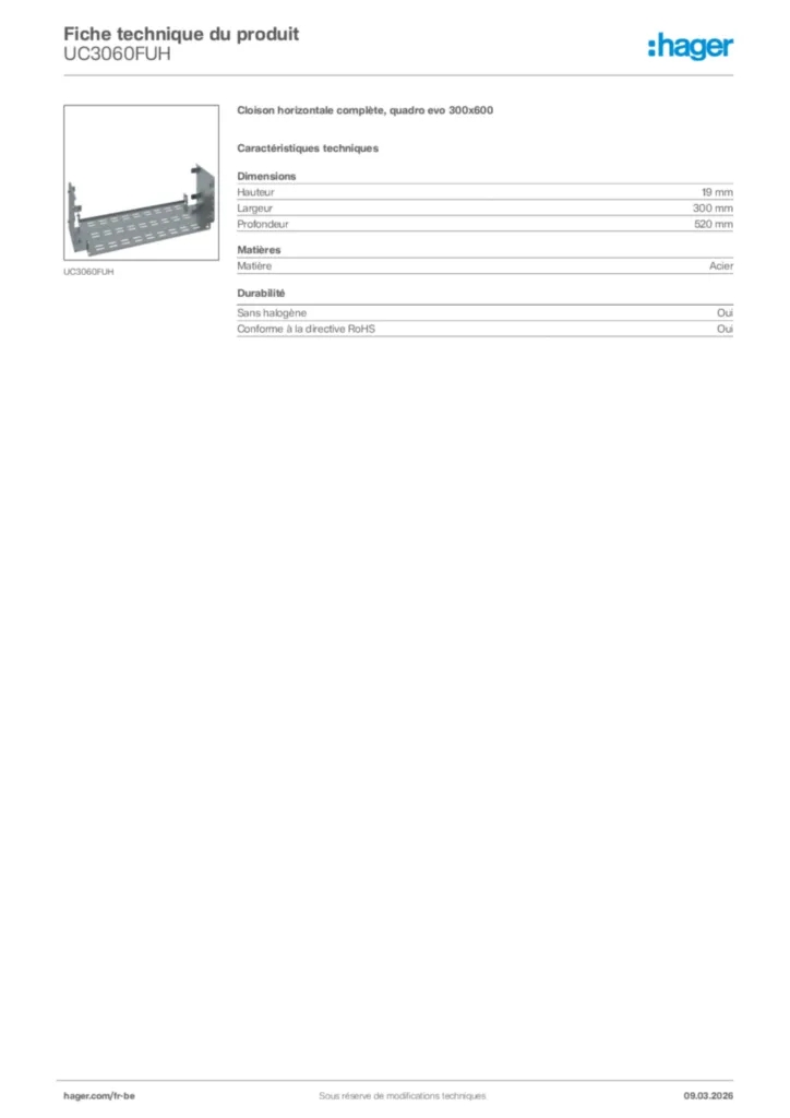 Image Hager Fiche technique du produit UC3060FUH | Hager Belgique