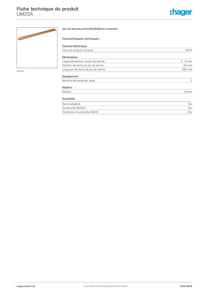 Image Hager Fiche technique du produit UM22A | Hager Suisse
