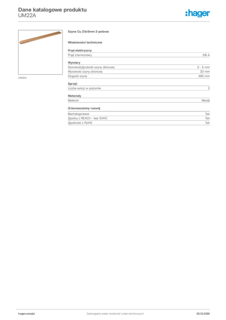 Zdjęcie Hager Karta katalogowa UM22A | Hager Polska