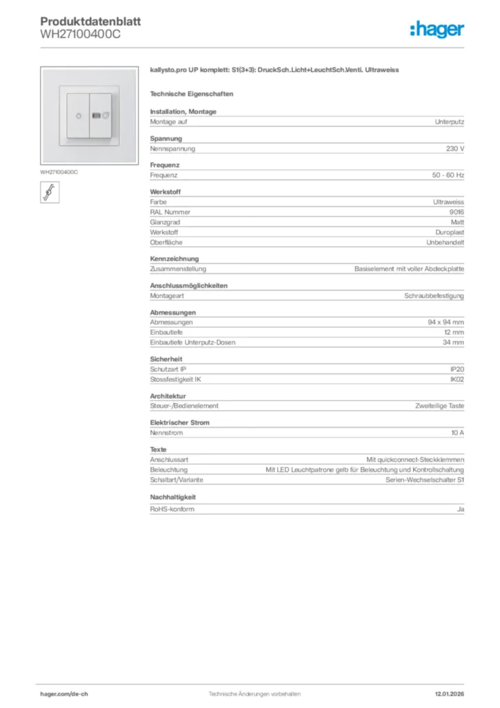 Bild Hager Produktdatenblatt WH27100400C | Hager Schweiz