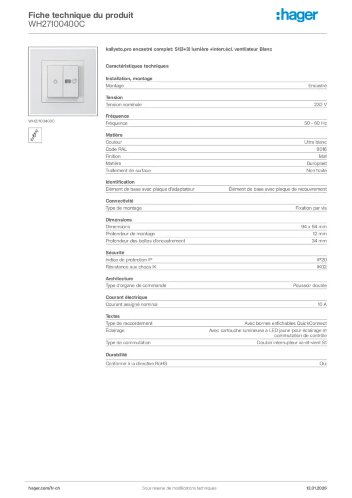 Image Hager Fiche technique du produit WH27100400C | Hager Suisse