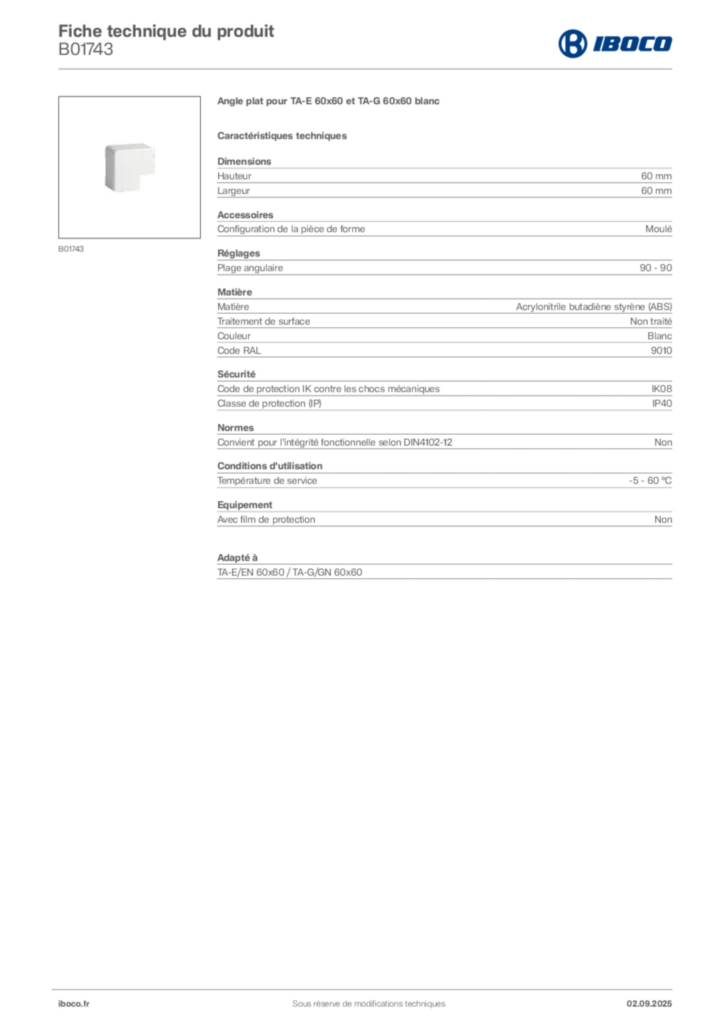 Image Iboco Fiche technique du produit B01743 | Hager France