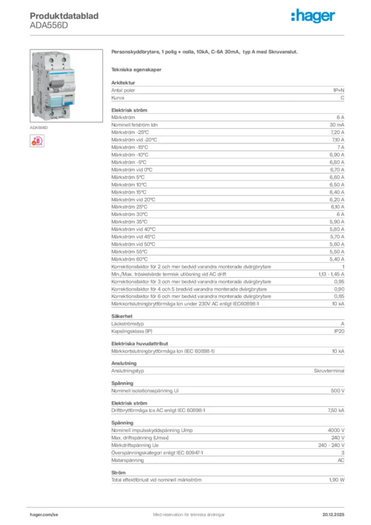 Bild Hager Produktdatablad ADA556D | Hager Sverige