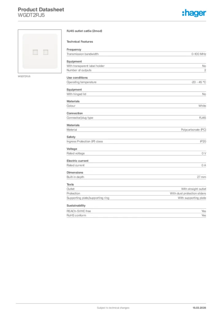 Image Hager Product data sheet WGDT2RJ5  | Hager Africa