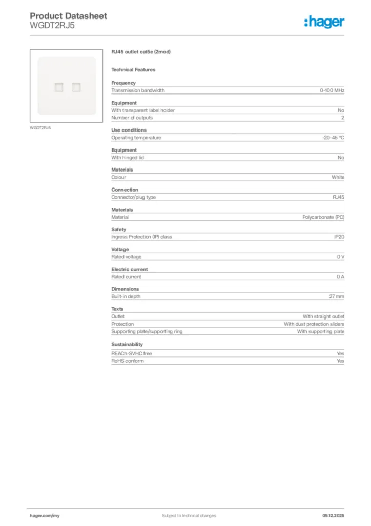 Image Hager Product data sheet WGDT2RJ5  | Hager