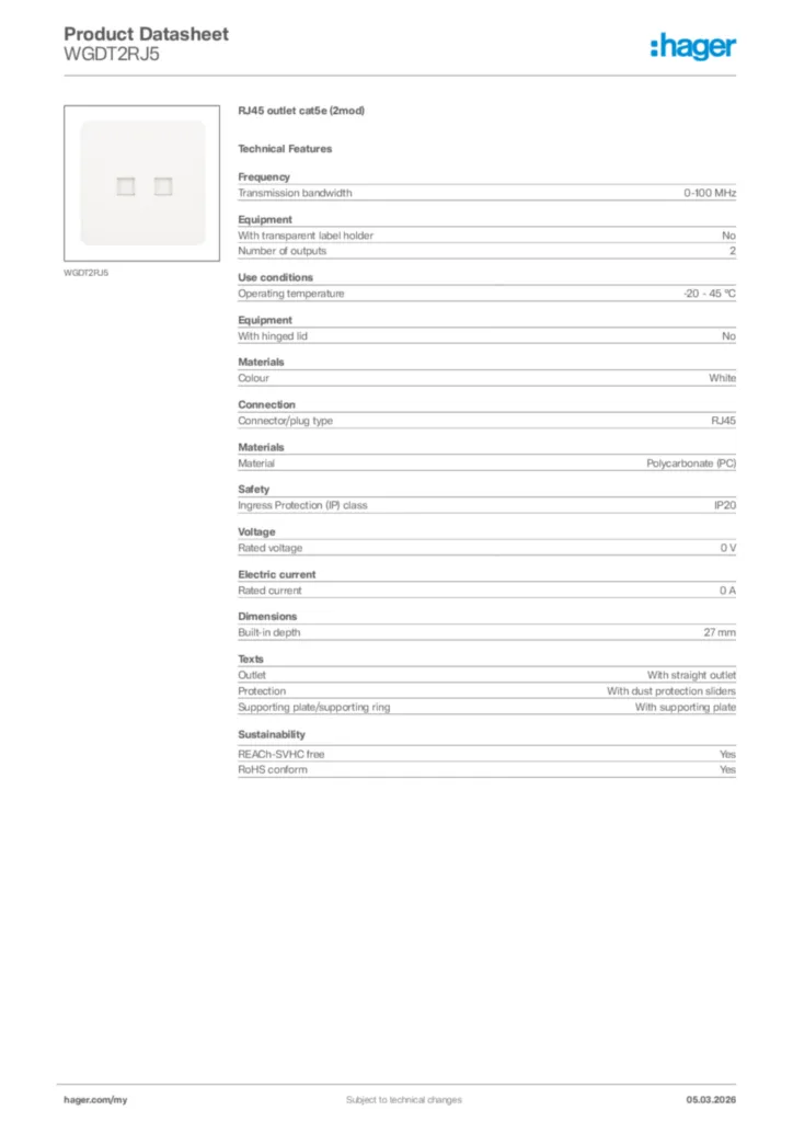 Image Hager Product data sheet WGDT2RJ5  | Hager