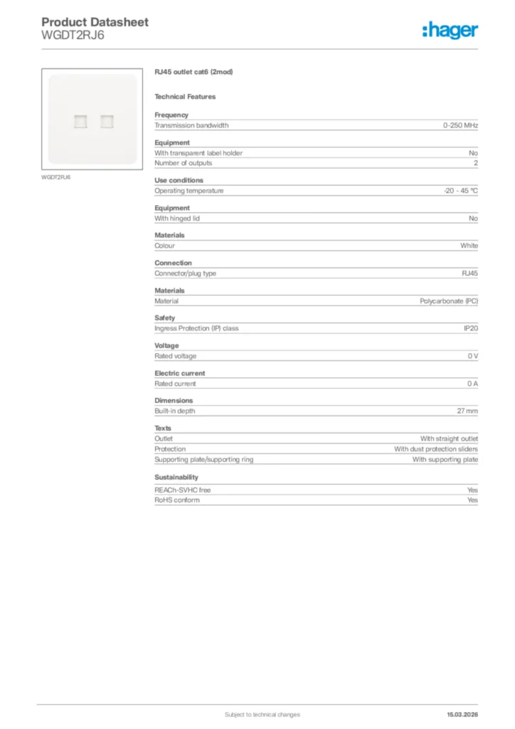 Image Hager Product data sheet WGDT2RJ6  | Hager