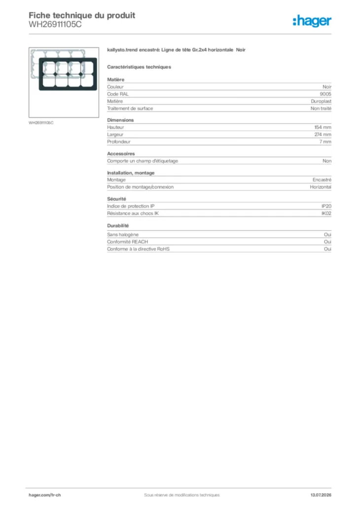 Image Hager Fiche technique du produit WH26911105C | Hager Suisse