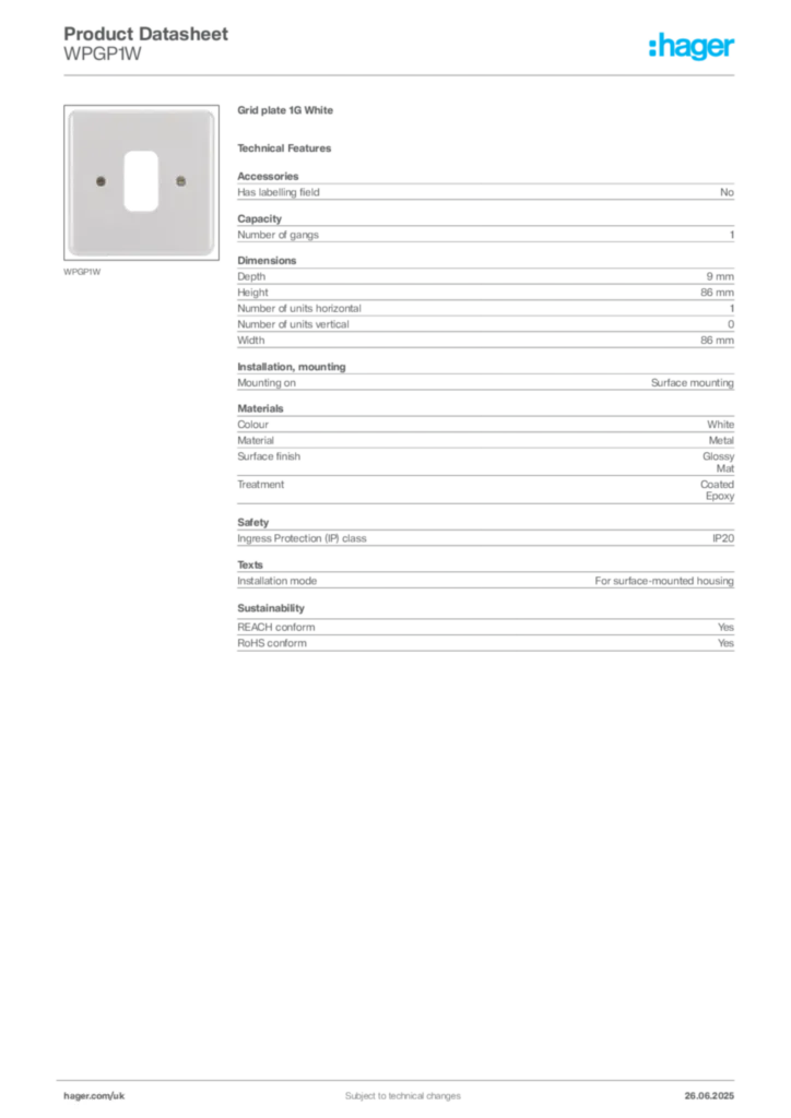 Image Hager Product data sheet WPGP1W  | Hager
