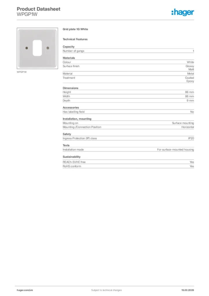 Image Hager Product data sheet WPGP1W  | Hager