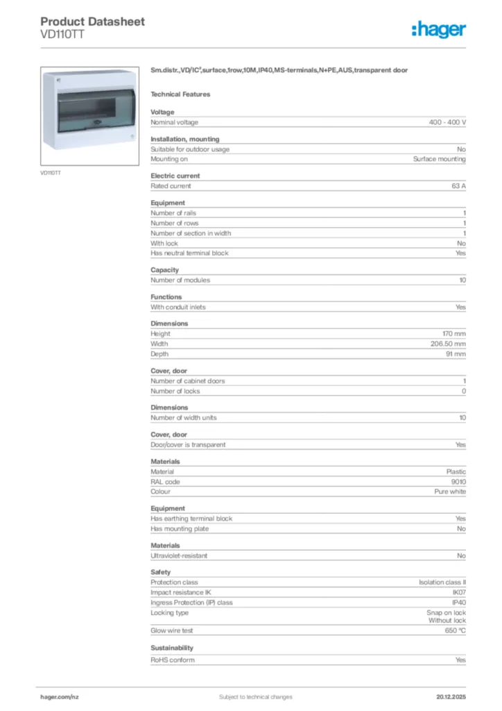 Image Hager Product data sheet VD110TT  | Hager New Zealand