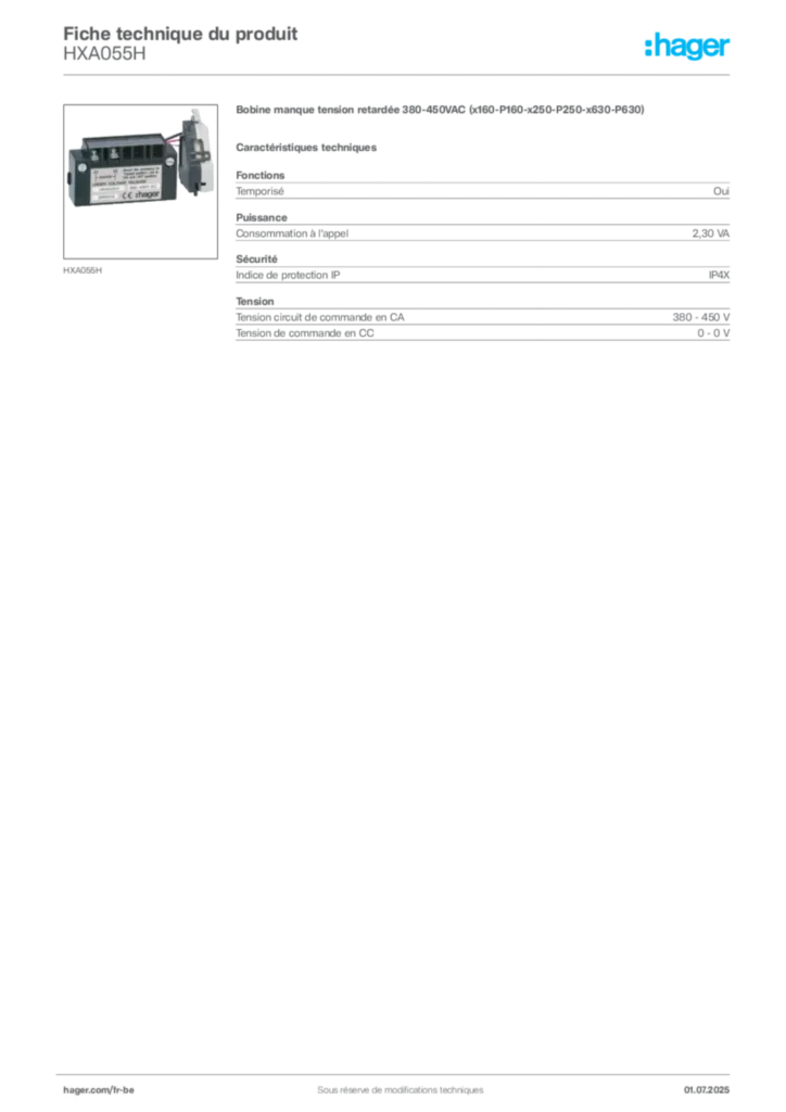 Image Hager Fiche technique du produit HXA055H | Hager Belgique