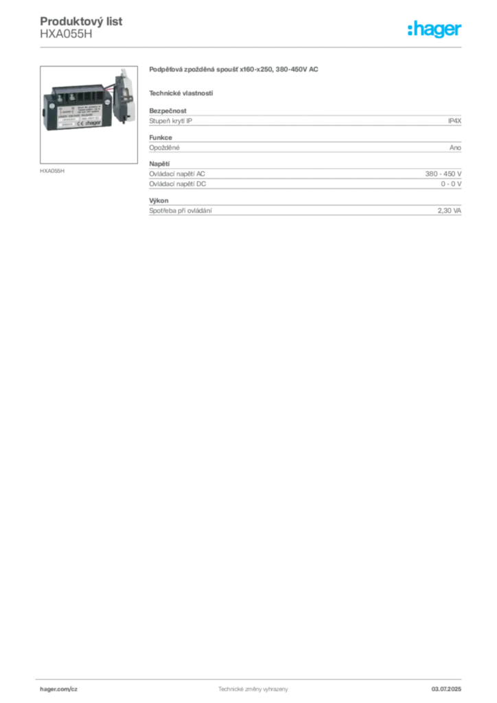 Obrázek Hager Produktový list HXA055H | Hager