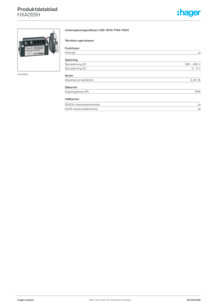 Bild Hager Produktdatablad HXA055H | Hager Sverige