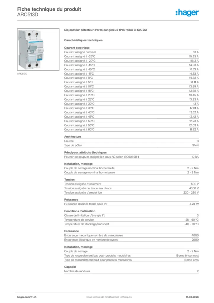 Image Hager Fiche technique du produit ARC513D | Hager Suisse