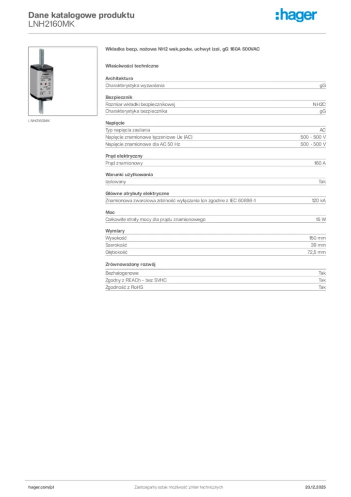 Zdjęcie Hager Karta katalogowa LNH2160MK | Hager Polska