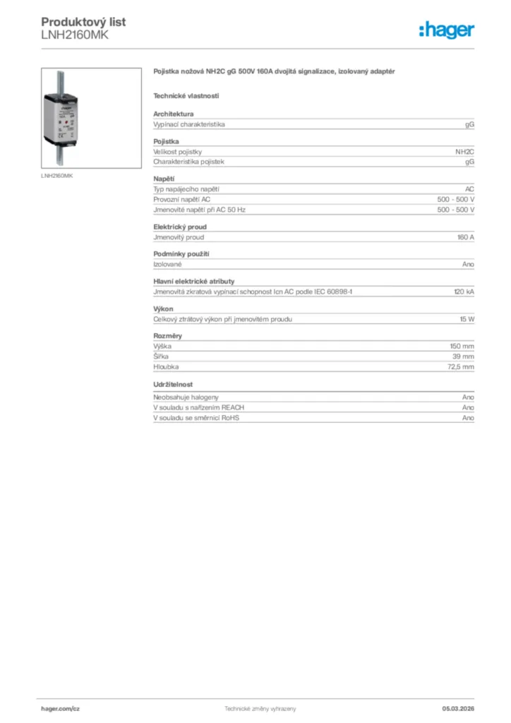Obrázek Hager Product data sheet LNH2160MK | Hager