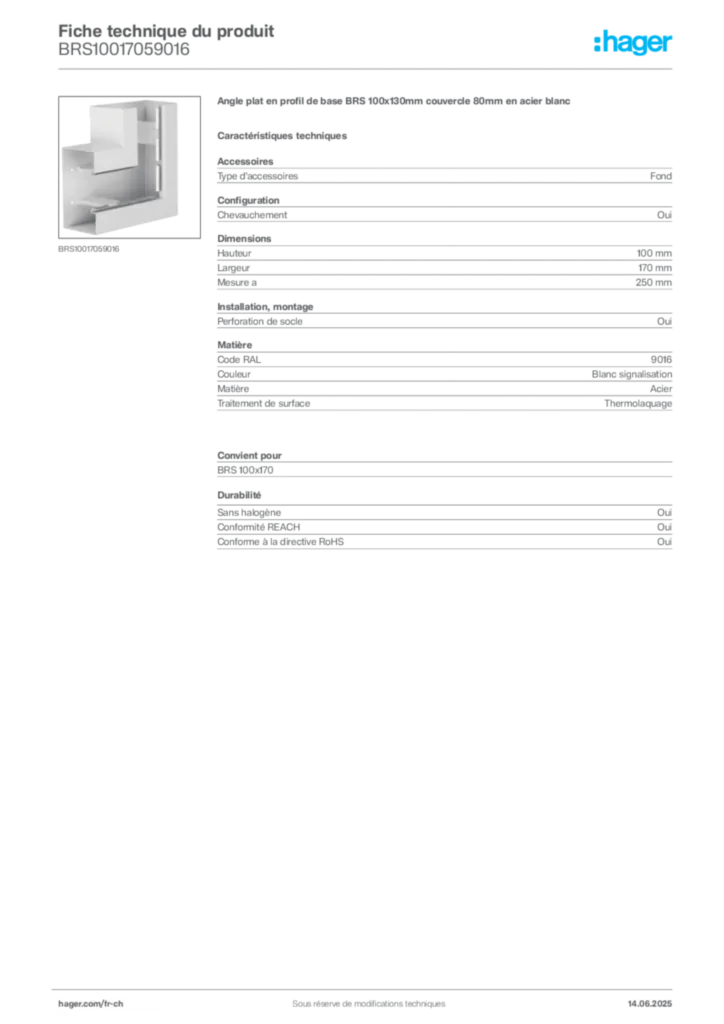 Image Hager Fiche technique du produit BRS10017059016 | Hager Suisse