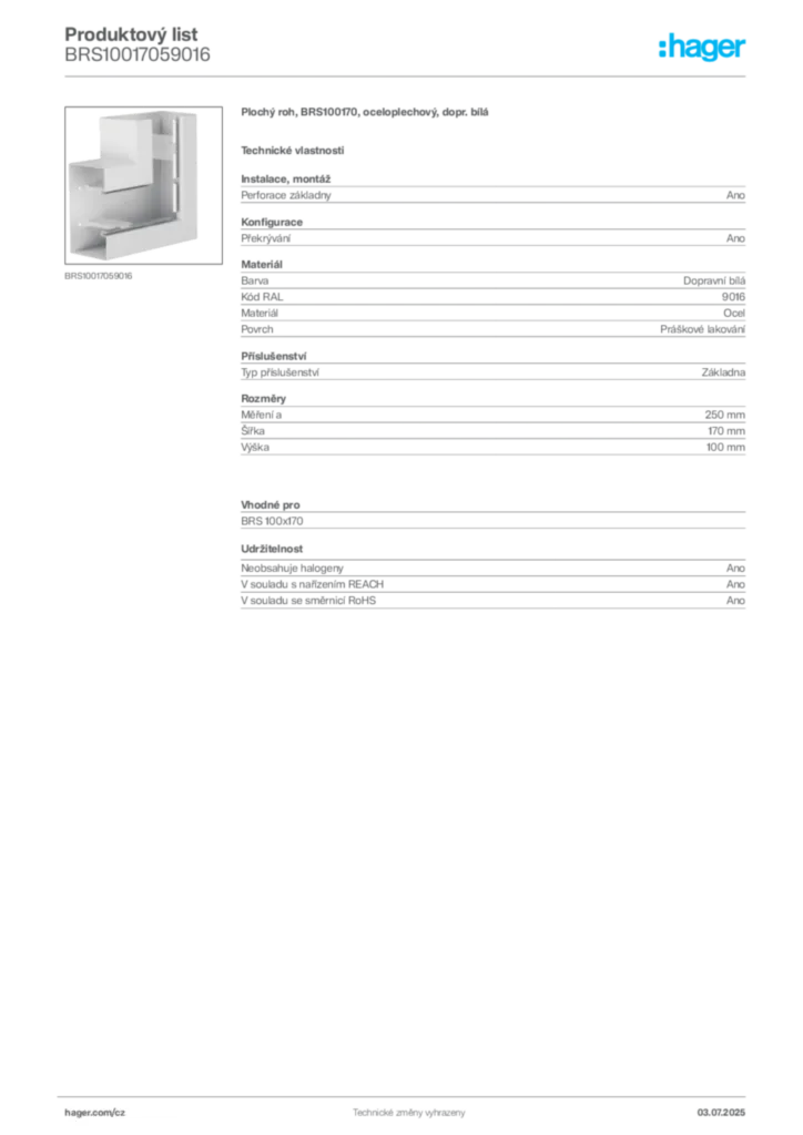 Obrázek Hager Produktový list BRS10017059016 | Hager