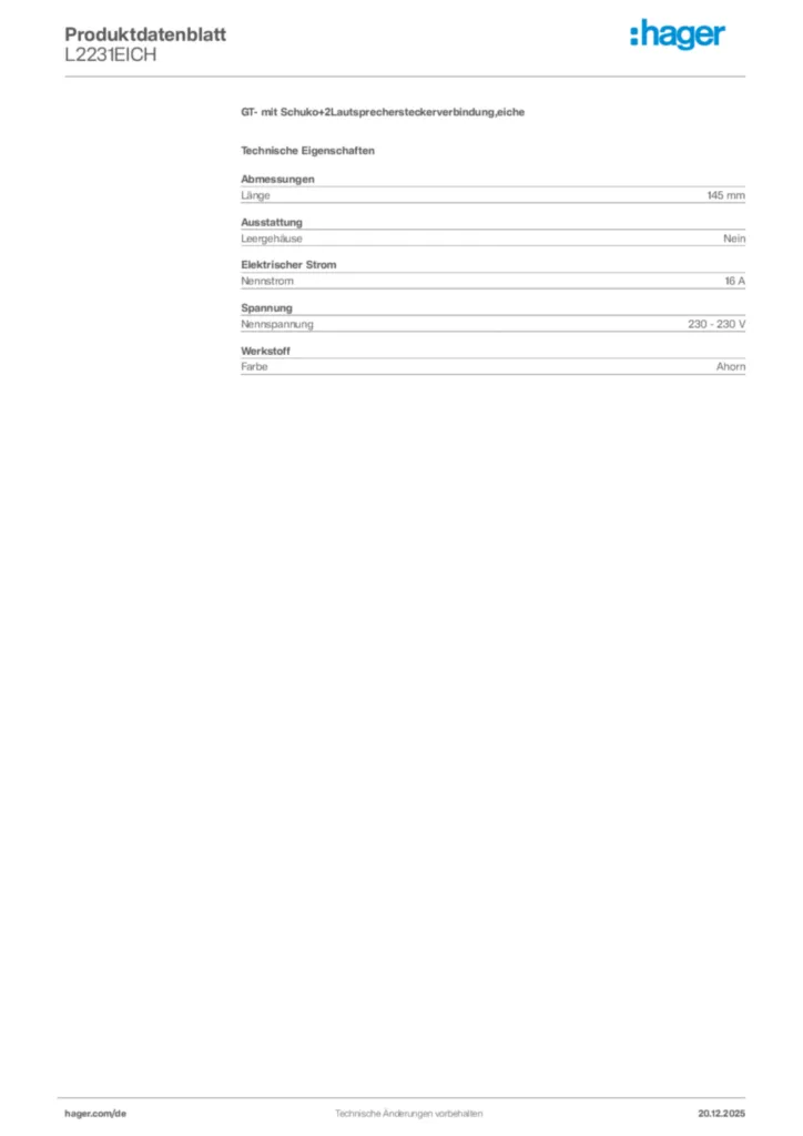 Bild Hager Produktdatenblatt L2231EICH | Hager Deutschland