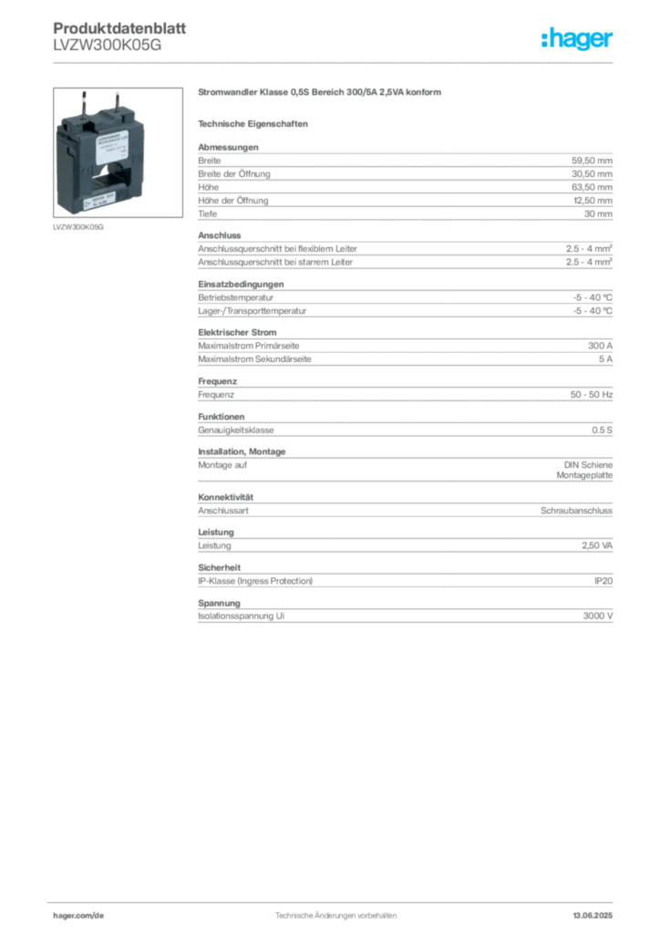 Bild Hager Produktdatenblatt LVZW300K05G | Hager Deutschland