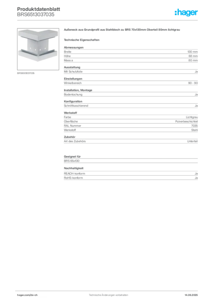 Bild Hager Produktdatenblatt BRS6513037035 | Hager Schweiz