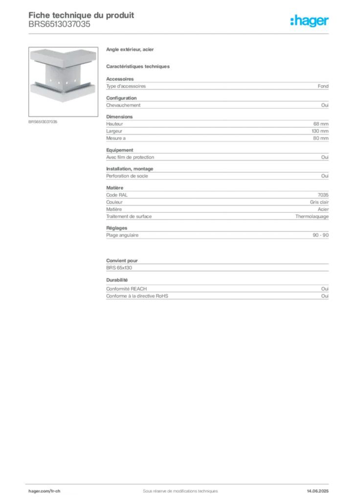 Image Hager Fiche technique du produit BRS6513037035 | Hager Suisse