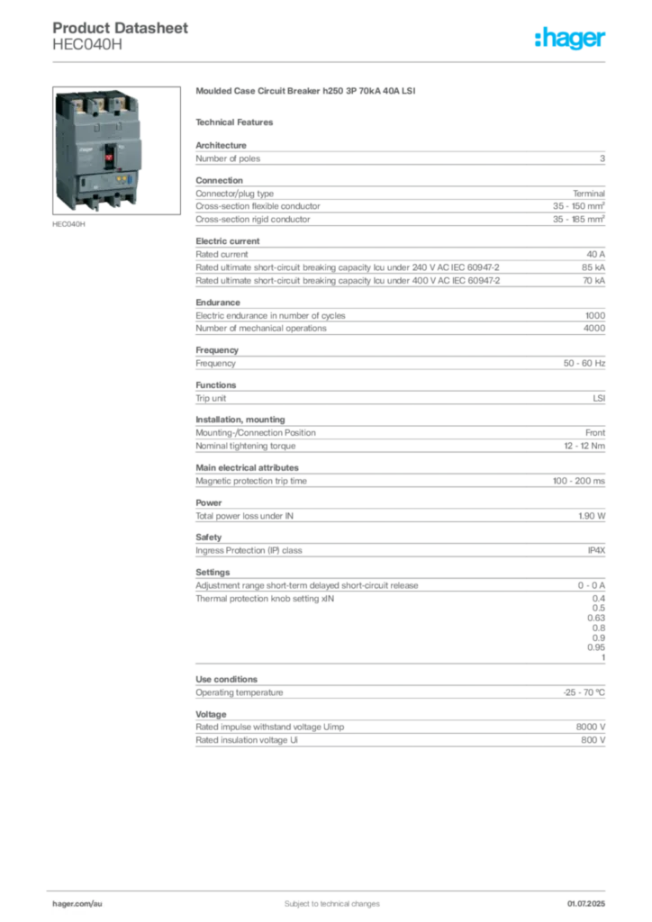 Image Hager Product data sheet HEC040H  | Hager Australia