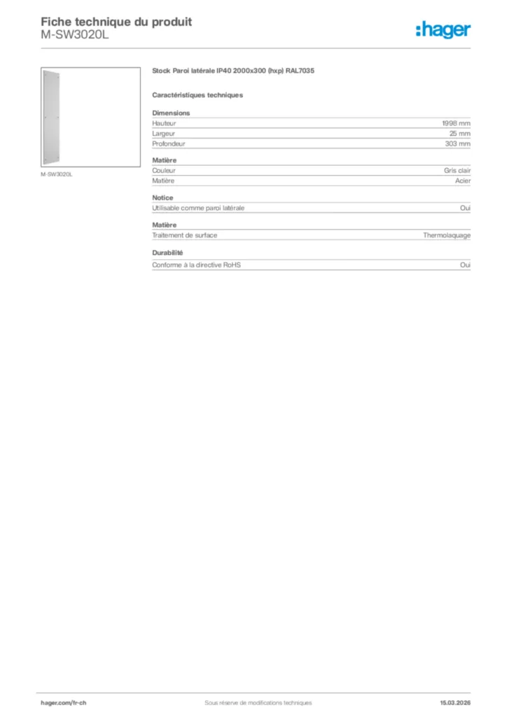 Image Hager Fiche technique du produit M-SW3020L | Hager Suisse