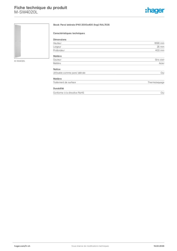 Image Hager Fiche technique du produit M-SW4020L | Hager Suisse