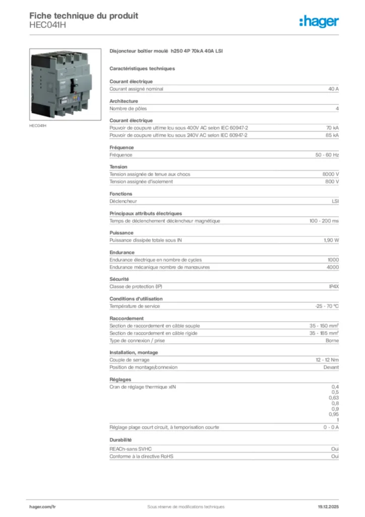 Image Hager Fiche technique du produit HEC041H | Hager France