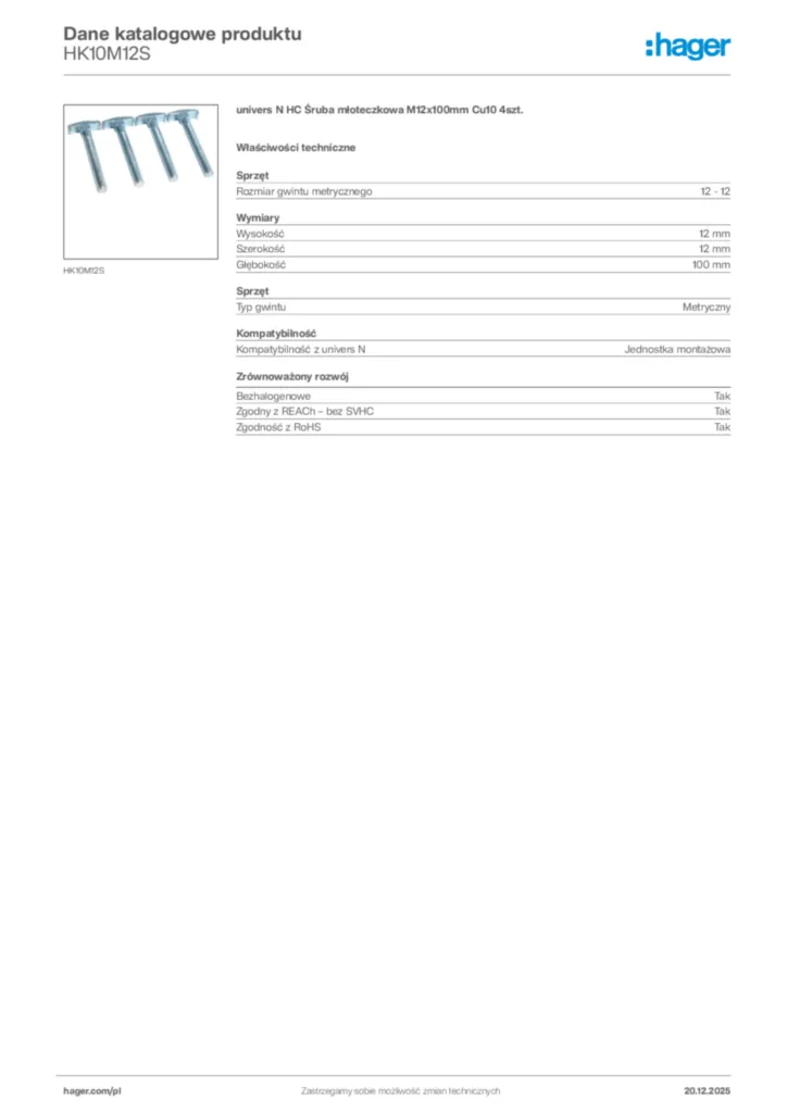 Zdjęcie Hager Karta katalogowa HK10M12S | Hager Polska