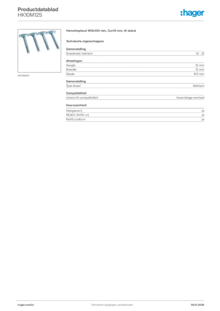 Afbeelding Hager Productdatablad HK10M12S | Hager Nederland