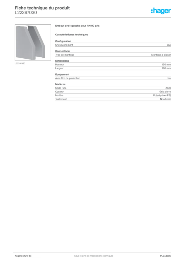 Image Hager Fiche technique du produit L22397030 | Hager Belgique