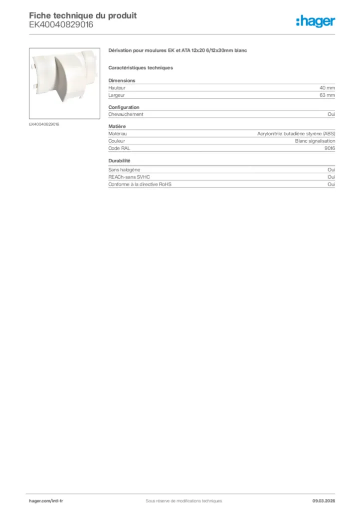 Image Hager Fiche technique du produit EK40040829016 | Hager Afrique