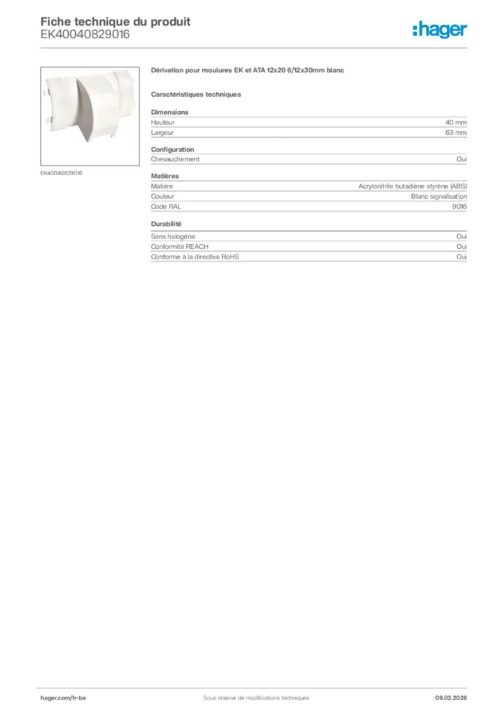 Image Hager Fiche technique du produit EK40040829016 | Hager Belgique