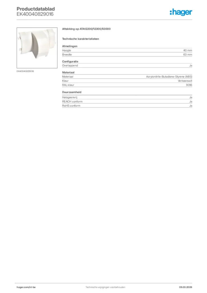 Afbeelding Hager Productdatablad EK40040829016 | Hager Belgium