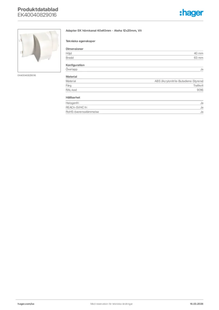 Bild Hager Produktdatablad EK40040829016 | Hager Sverige
