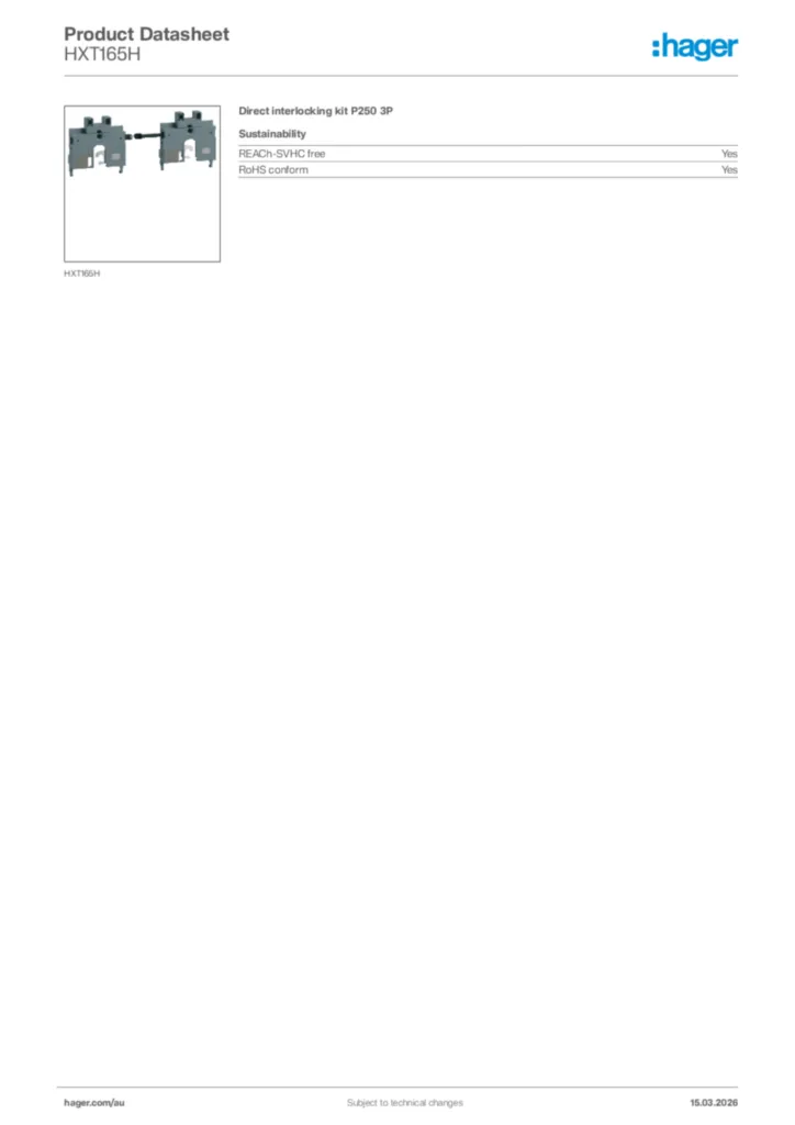 Image Hager Product data sheet HXT165H  | Hager Australia
