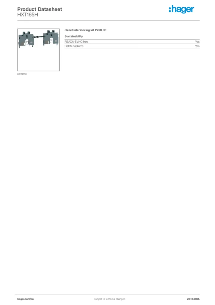 Image Hager Product data sheet HXT165H  | Hager Australia