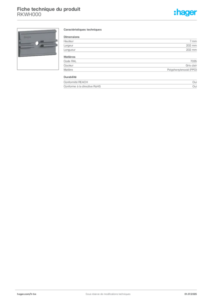 Image Hager Fiche technique du produit RKWH000 | Hager Belgique