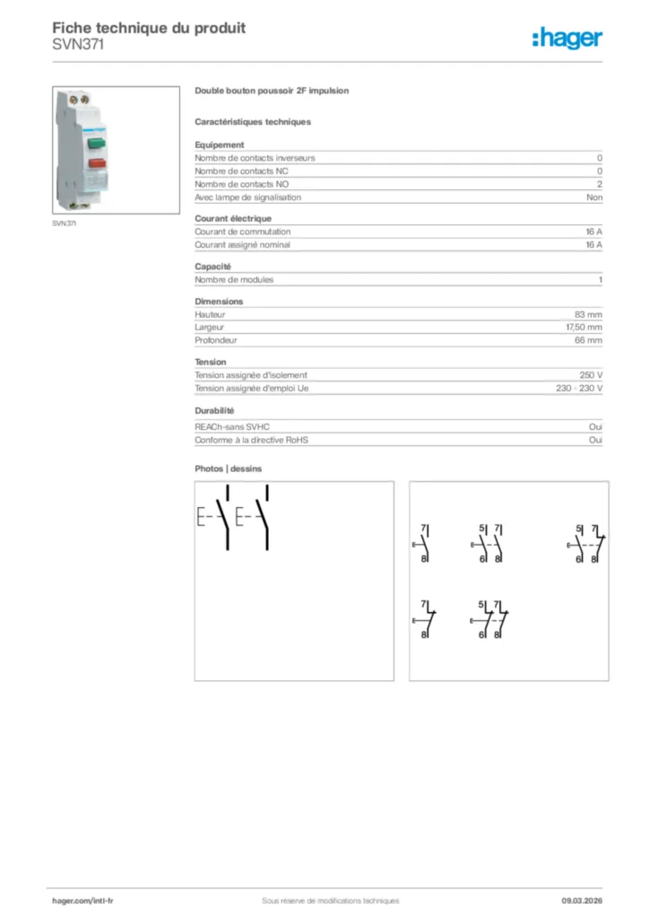 Image Hager Fiche technique du produit SVN371 | Hager Afrique