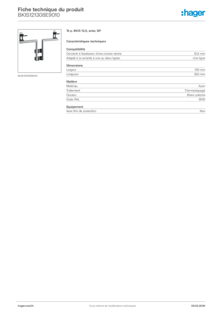 Image Hager Fiche technique du produit BKIS121308E9010 | Hager France