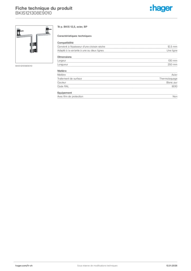 Image Hager Fiche technique du produit BKIS121308E9010 | Hager Suisse