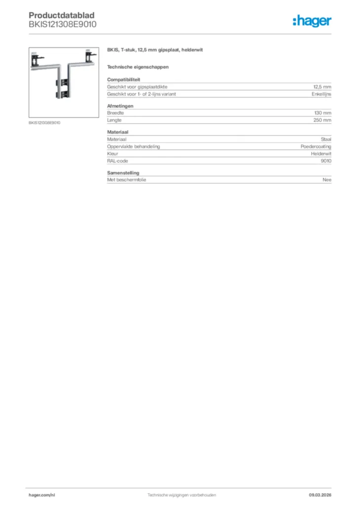 Afbeelding Hager Productdatablad BKIS121308E9010 | Hager Nederland