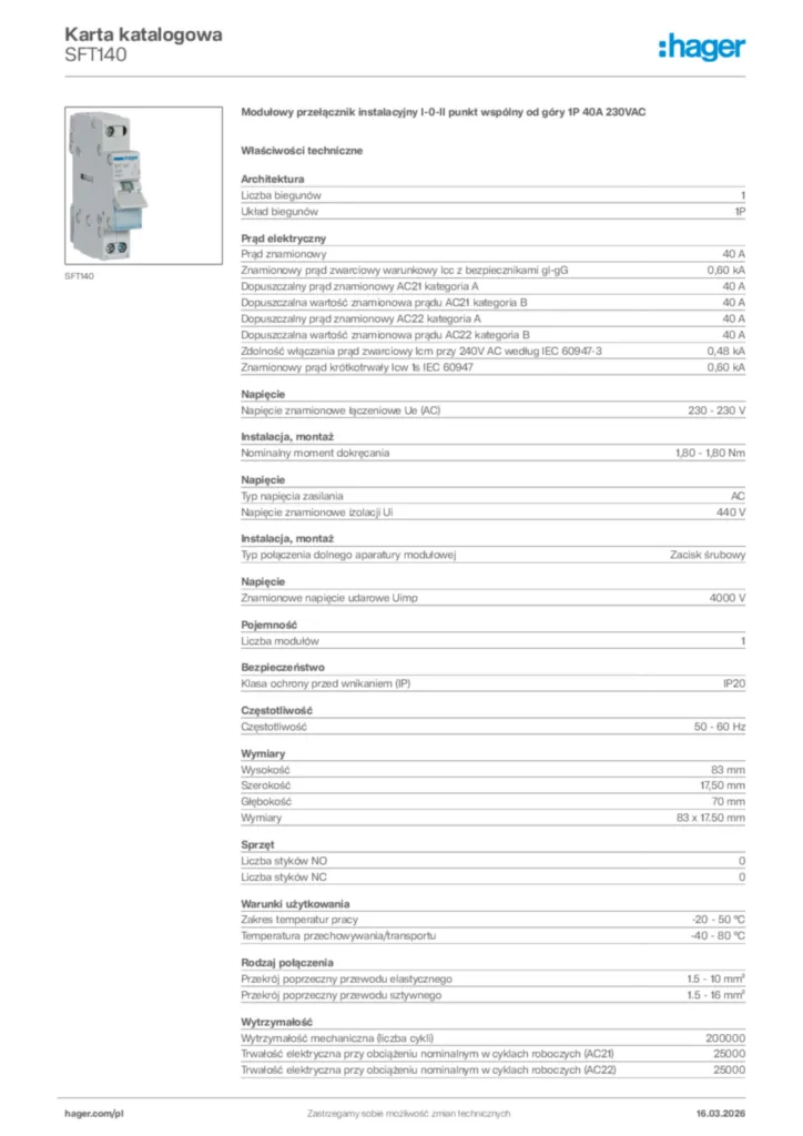 Zdjęcie Hager Karta katalogowa SFT140 | Hager Polska