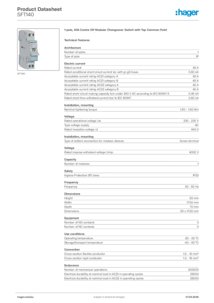 Image Hager Product data sheet SFT140  | Hager Australia
